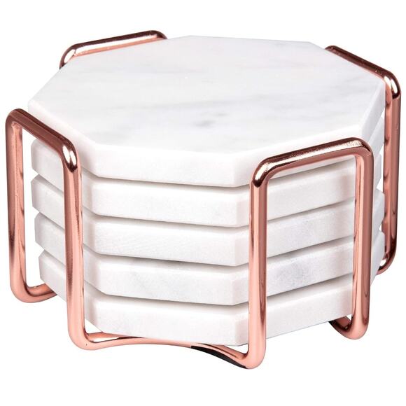 NIB D'Eco White Carrara Marble Coasters & Rose Gold Coaster Holder, Set of 5 - Picture 12 of 13